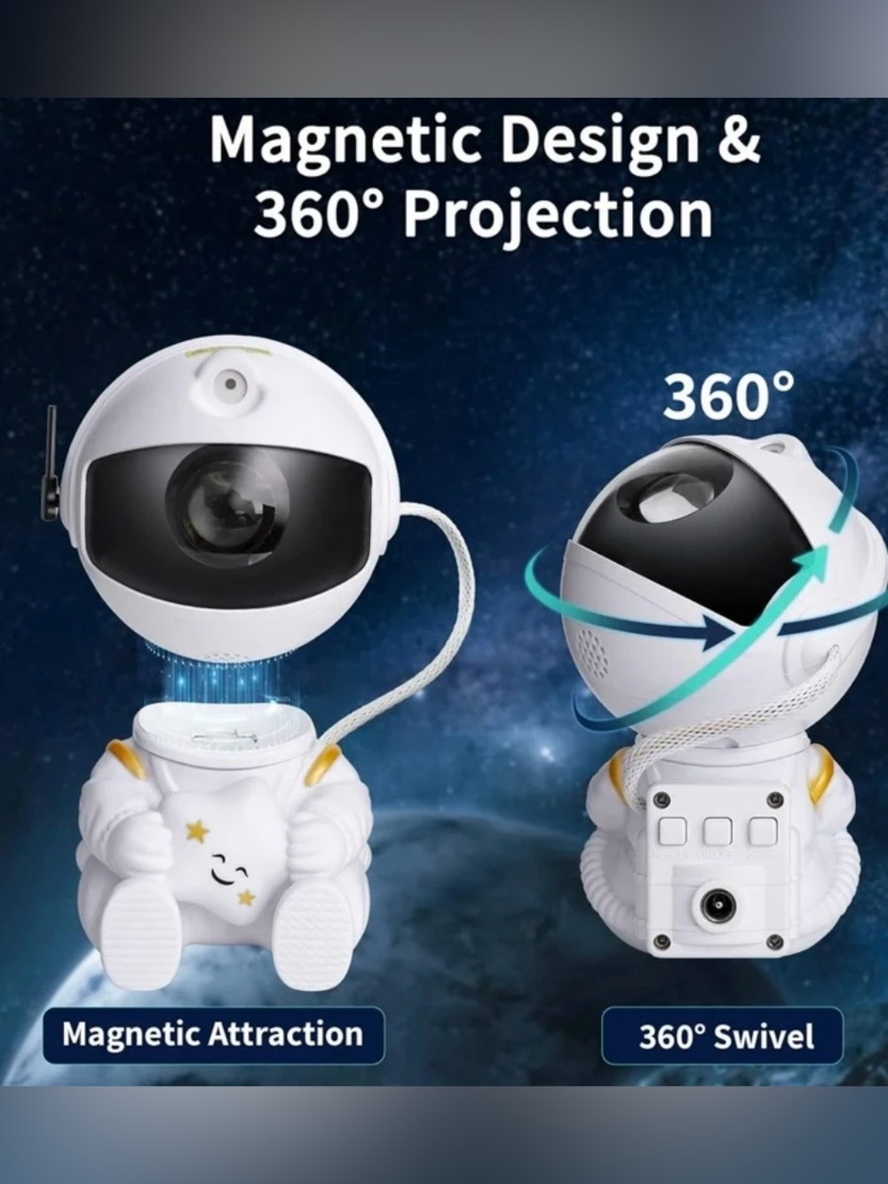 astronaut-themed galaxy star projector night light.